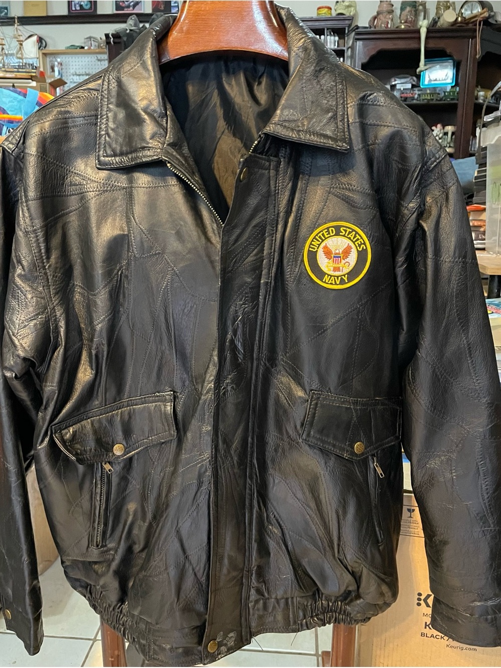 Black Leather Bomber Style Jacket with United States Navy Embroidery & Patch